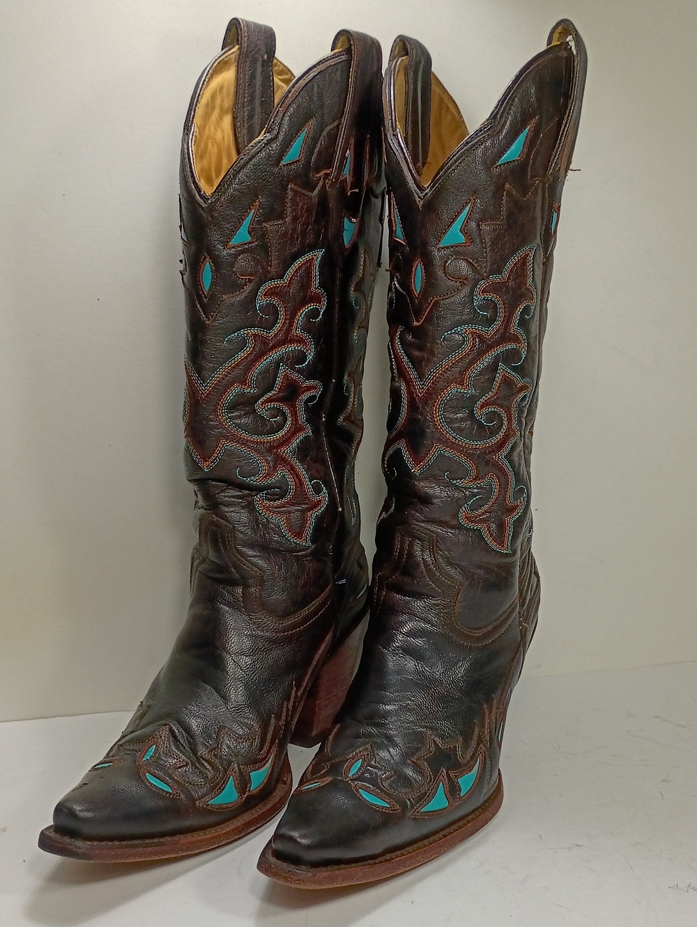 Corral Boots 2810 Brown Turquoise Embroidered Snip Toe Western Boots 7.5 M